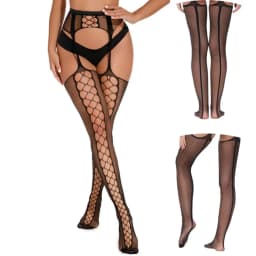 NEWJOINFUN Plus Size Hollow Out Fishnets Black Lace High Waist Stockings Garter Belt Sexy Hot Over Knee Pantyhose for Women XXXL
