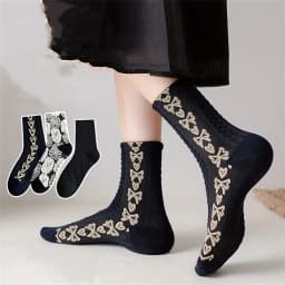 3 pairs of retro college style girl socks versatile black flower bow loafers mid length socks