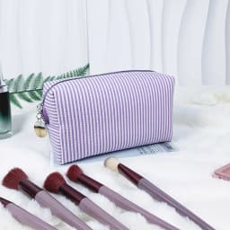 Fashion Women Ruffle Cosmetic Bags Pink/Purple Striped Storage Make Up Bags for Women Lady with Zipper Travel Bag Makeup Bag