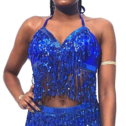 TiaoBug Women Shiny Sequins Tassels Carnival Rave Performance Belly Dance Costume Halter Bra Tops with Hip Scarf Wrap Skirt Set