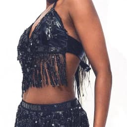 TiaoBug Women Shiny Sequins Tassels Carnival Rave Performance Belly Dance Costume Halter Bra Tops with Hip Scarf Wrap Skirt Set