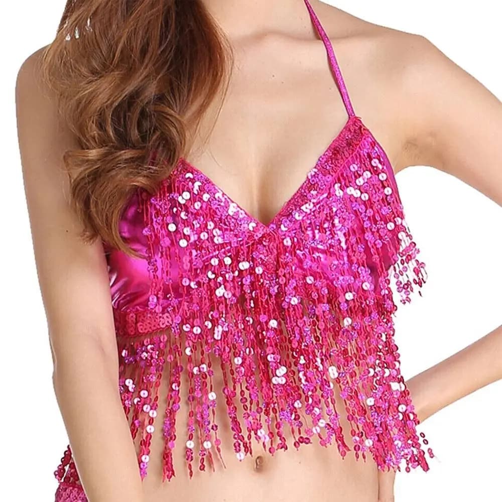 TiaoBug Women Shiny Sequins Tassels Carnival Rave Performance Belly Dance Costume Halter Bra Tops with Hip Scarf Wrap Skirt Set