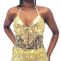 TiaoBug Women Shiny Sequins Tassels Carnival Rave Performance Belly Dance Costume Halter Bra Tops with Hip Scarf Wrap Skirt Set