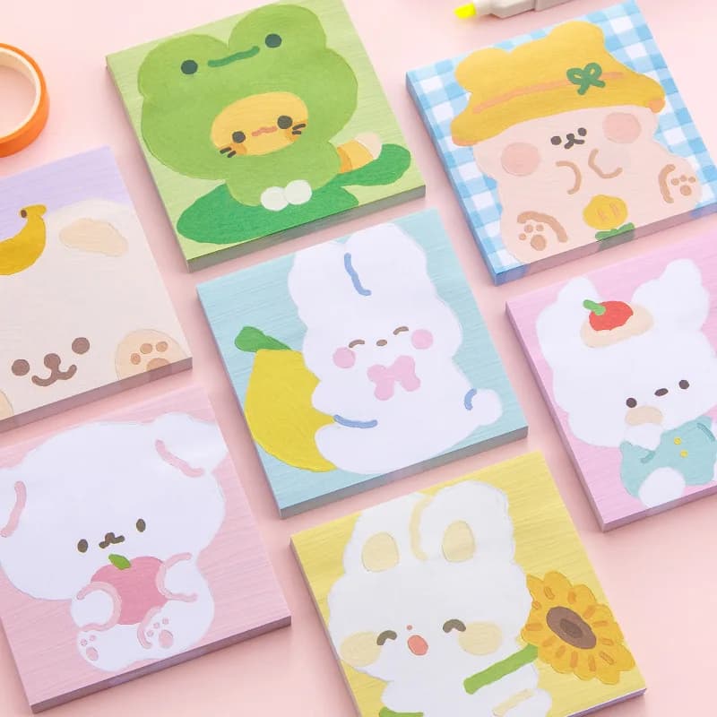 80 Sheet Kawaii Cartoon Oil Painting Sticky Notes Cute Animal Rabbit Puppy Bear Memo Pad Cute Decoration Stationery Note Book