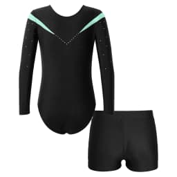 Children Gymnastics Ballet Dance Leotard Set Shiny Rhinestone Long Sleeve Jumpsuit with Shorts Outfits for Girls Sport Dance