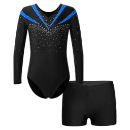 Children Gymnastics Ballet Dance Leotard Set Shiny Rhinestone Long Sleeve Jumpsuit with Shorts Outfits for Girls Sport Dance