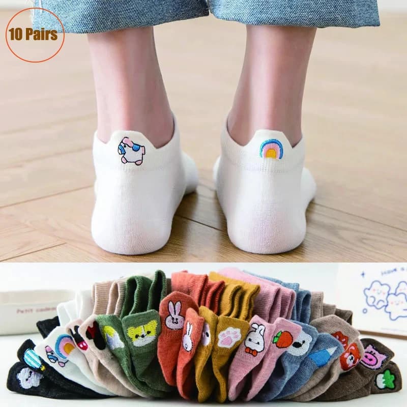 10 Pairs Women Cute Socks Cotton Kawai Embroidered Funny Low Cut Socks for Women Girls Ankle Socks Harajuku Girls School Gifts