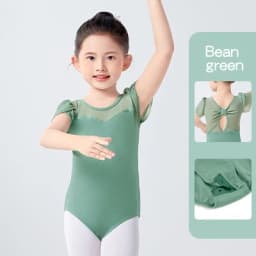 Girls Cotton Back Bowknot Ballet Dance Leotards Children Flower Bud Sleeve Mesh Splice Gymnastics Bodysuit