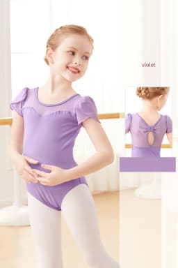 Girls Cotton Back Bowknot Ballet Dance Leotards Children Flower Bud Sleeve Mesh Splice Gymnastics Bodysuit