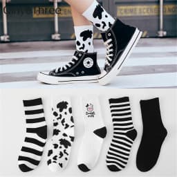 New Cow Lovely Harajuku Japanese Style Cotton Women Striped Solid Breathable Casual Cartoon Socks White Black Dropship