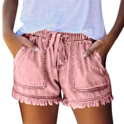 Ladies' Washed Solid Color Slimming Tassel Edge Denim Shorts Fashion Sexy Elastic Waist Leisure Pockets Summer Short Trousers
