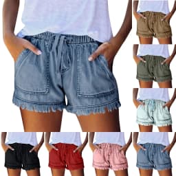 Ladies' Washed Solid Color Slimming Tassel Edge Denim Shorts Fashion Sexy Elastic Waist Leisure Pockets Summer Short Trousers