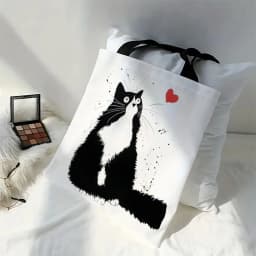 Linen Shopper Reusable Tote Cute Cats Print Grocery Storage Bag Portable Large Capacity Shoulder Bag Machine Washable Tote Bag