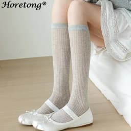 Horetong Lolita Long Socks Women Fashion JK Sweet Girls Thin Japanese Solid Color Socks Cotton Breathable Female Spring Summer