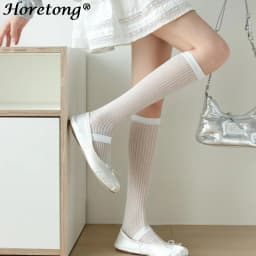 Horetong Lolita Long Socks Women Fashion JK Sweet Girls Thin Japanese Solid Color Socks Cotton Breathable Female Spring Summer