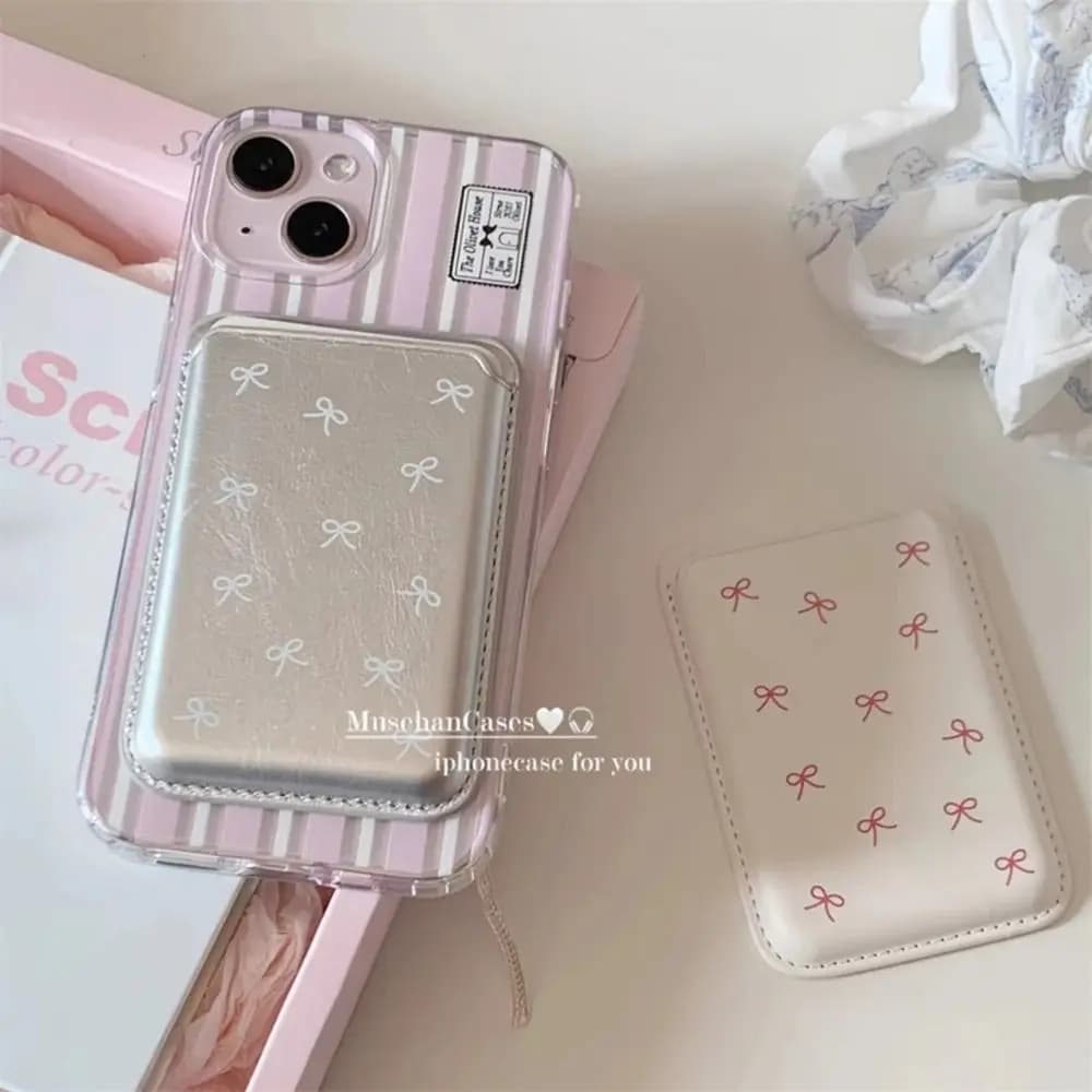 Cute Bow Magnetic Card Clip Leather Wallet Card Holder Phone Case Dustproof Anti-Fingerprint Phone Accessorie For IPhone15ProMax
