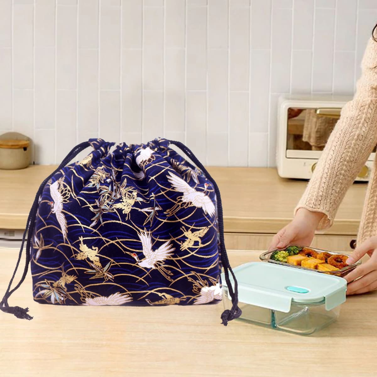 Japanese Style Lunch Box Bag Drawstring Lunch Bag Bento Tote Pouch Portable Children Storage Box Travel Tableware Storage Bag