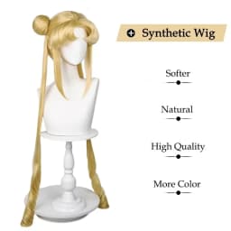Sailor Moon Tsukino Usagi Long Curly Blonde Ponytails Wig with 2 Pongtails with Wig Cap for Halloween Costume Party