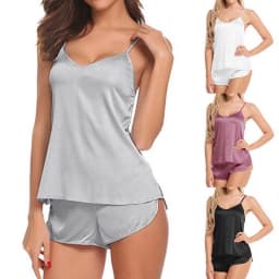 Women Sexy Ice Silky Pajamas Nightclothes Sleepwear Camisole And Shorts White Black Gray L XL XXL Comfortable Casual Summer
