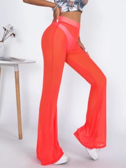 New Europe And The United States Selling Solid Color Mesh Horn Pants Summer Fashion Four-sided Splicing Mesh Bell Pants Women