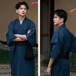 Cotton Navy Japanese Traditional Samurai Kimono For Men Yukata Bathing Robe Hekoobi Sauna Wear Homewear Belt Long Gown