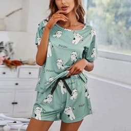 Women's Cartoon Cat Print Cute Pajama Set Summer Short Sleeve Top & Shorts Soft Comfortable Sleepwear Women Home Clothes Pj Sets