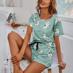 Women's Cartoon Cat Print Cute Pajama Set Summer Short Sleeve Top & Shorts Soft Comfortable Sleepwear Women Home Clothes Pj Sets