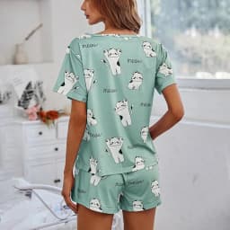 Women's Cartoon Cat Print Cute Pajama Set Summer Short Sleeve Top & Shorts Soft Comfortable Sleepwear Women Home Clothes Pj Sets