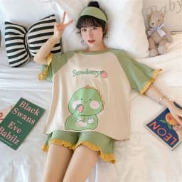 Summer Gilrs Two Pieces Sets Pajamas Shorts O-neck Short Sleeve Thin Homewear With Ruffles Loose Cartoon Printing Big Size Cute
