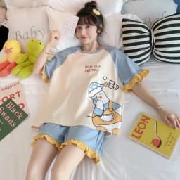 Summer Gilrs Two Pieces Sets Pajamas Shorts O-neck Short Sleeve Thin Homewear With Ruffles Loose Cartoon Printing Big Size Cute