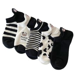 5 Pairs Women Cow Patterned Boat Socks Trendy Versatile Cartoon Striped Girl Socks Soft Comfortable Breathable Casual Socks
