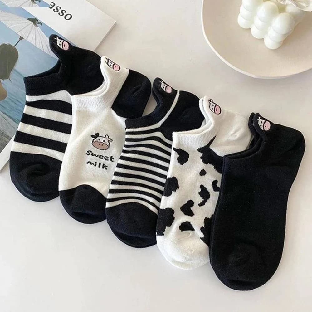 5 Pairs Women Cow Patterned Boat Socks Trendy Versatile Cartoon Striped Girl Socks Soft Comfortable Breathable Casual Socks