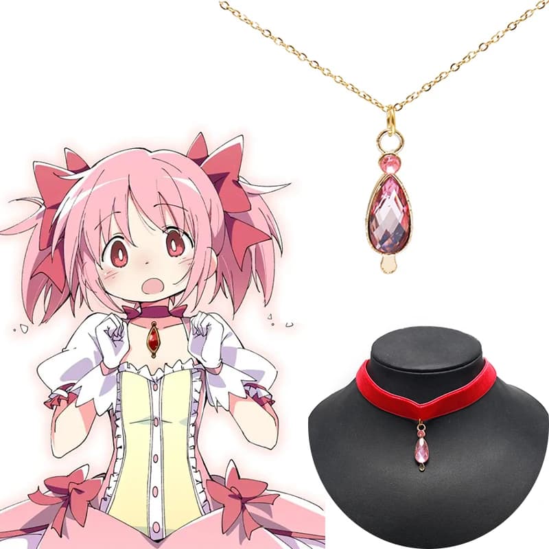 Anime Cosplay Puella Magi Madoka Magica pendant Necklace Kaname Madoka Pink WaterDrop crystal choker Jewelry Fans Gifts