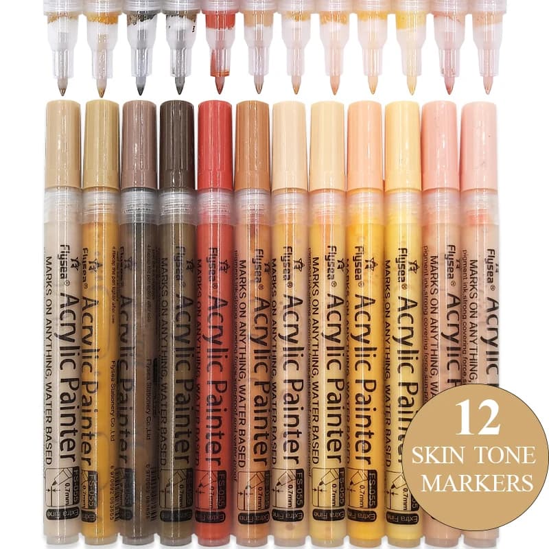 12 Colors 0.7mm/Brush Tip Skin Tone Acrylic Paint Pens Set, Paint Markers for Wood,Glass,Fabric,Rocks Painting Paint Pens Art