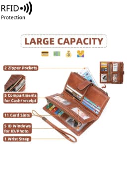 MIYIN Fashion Vintage Women Wallet RFIDShieldingDouble Zipper Long Wallet Trifold Credit CardHolder Women Clutch Wristlet Wallet