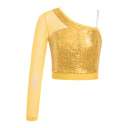 Kids Girls Jazz Dance Tops One Shoulder Shiny Sequins Crop Top for Ballet Gymnastics Skating Stage Performance Dance Wear