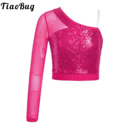 Kids Girls Jazz Dance Tops One Shoulder Shiny Sequins Crop Top for Ballet Gymnastics Skating Stage Performance Dance Wear