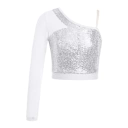 Kids Girls Jazz Dance Tops One Shoulder Shiny Sequins Crop Top for Ballet Gymnastics Skating Stage Performance Dance Wear