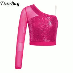 Kids Girls Jazz Dance Tops One Shoulder Shiny Sequins Crop Top for Ballet Gymnastics Skating Stage Performance Dance Wear