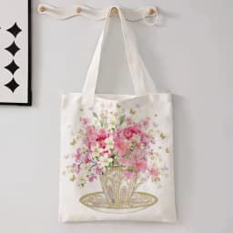 New Flower Printed Linen Bag For Women, Versatile Shoulder Bag, Lavender, Various Small Flower Patterns Shopping Bag
