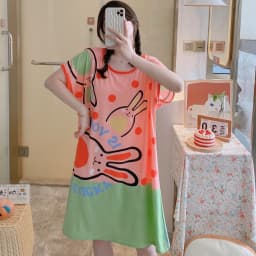 1PC, Summer And Autumn Cool Cute Girls Cartoon Nightdress, Comfortable Short-sleeved Dress, Women's Home Wear, Polyester Pajama