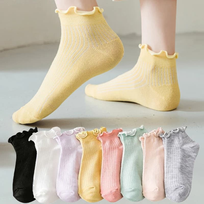 5Pairs Women's Frill Trim Sock Solid Sweet Japanese Style Short Socks Soft & Lightweight Comfortable Breathable Low Cut Sox