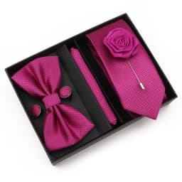 New Style Tie Set Solid Color Plaid Pink Purple Yellow Necktie Bowtie Cufflink Brooch For Groom Wedding Party Gift Box Accessory