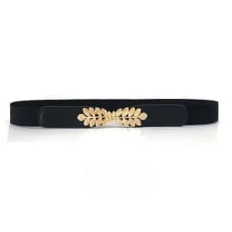 Fashion Leaf Waistbands Stretchy Lady HOT Elastic Cummerbunds for Women Dark Blue Belt Dress Gold Double Metal Buckle Waistband