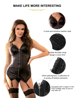 Comeondear Garter PU Leather Lingerie Solid Black Breathable Lace Slimming 4 Stretch Belts Nighty Sleepwear Babydoll with Zipper