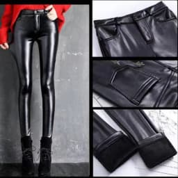 Cashmere PU Leather Pants Women's Autumn/Winter 2024 Thickened and Fleece High-Waisted Slim Fit Tight Warm Pants Leggings Black