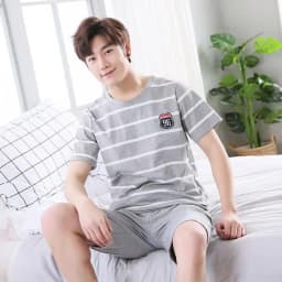Men's Summer Pajamas Homewear Set of Short-Sleeved Shorts Teenage Students Cartoon Striped Summer Casual Pajamas Homewear Set