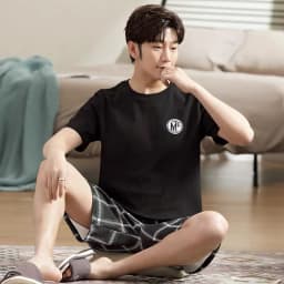 Men's Summer Pajamas Homewear Set of Short-Sleeved Shorts Teenage Students Cartoon Striped Summer Casual Pajamas Homewear Set
