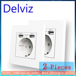 Delviz Dual USB Charging Outlet, AC 110~250V Power Jack, White PC Material Panel, 2A USB Interface, 16A EU Standard Wall Socket
