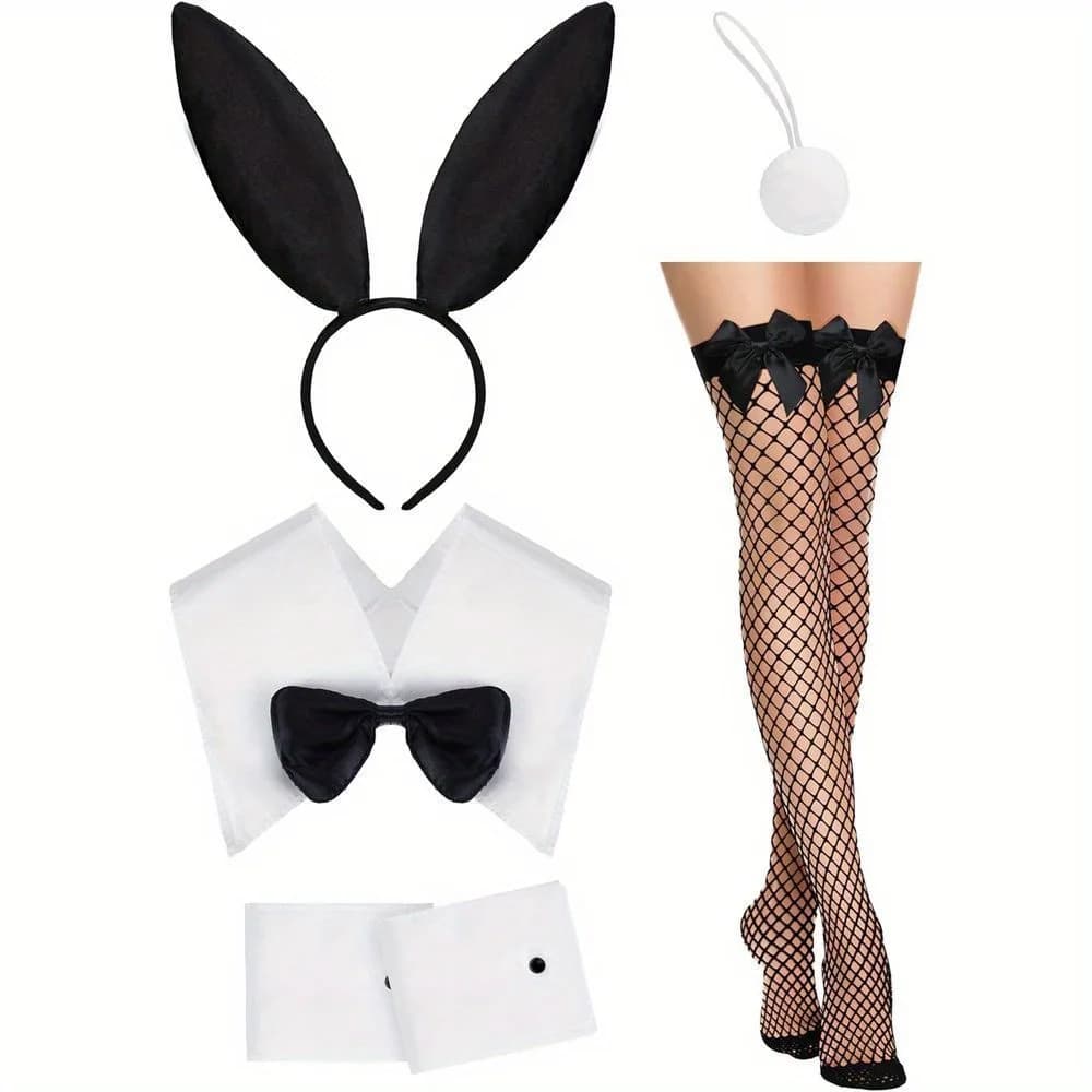 WomenCostume Set Black Bunny Ears Rabbit BowtieCuffs Tail Black Fishnet Stockings Suit Girls Accessory for EASTERCosplay Party